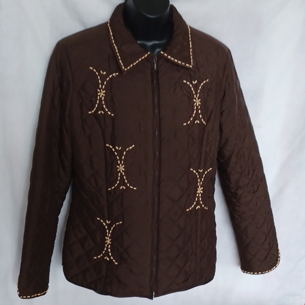 Anne Carson Silk Jacket. Dark Brown. Beaded, zip, Beautiful!